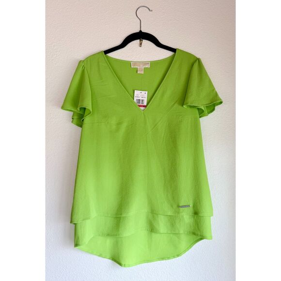 NWT MICHAEL Michael Kors Women's Flutter Sleeve V-Neck Blouse in Green Apple XS - Picture 2 of 8